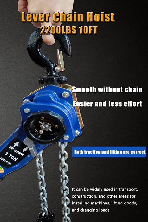 Lever Chain Hoist 2200 Lbs Capacity With 10 Ft Lift Height 1 Ton Industrial Grade Chain Hoist in use, close-up on hook and chain.