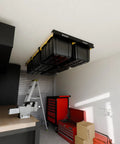 Heavy Duty Connectable Ceiling Garage Storage Rack System With Metal Rails Built Tough Expandable Shelving for six bins