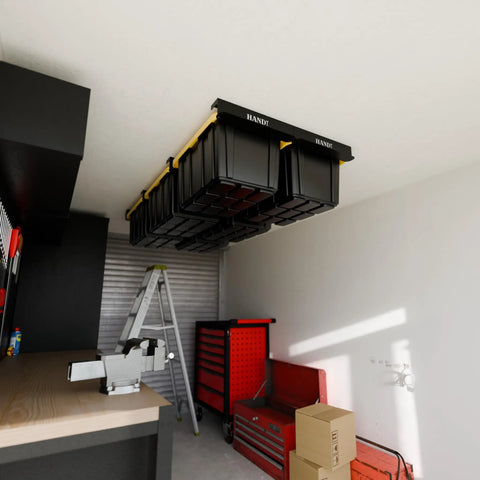 Heavy Duty Connectable Ceiling Garage Storage Rack System With Metal Rails Built Tough Expandable Shelving for six bins