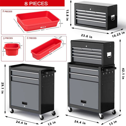 Beefy 8-Drawer Rolling Tool Chest With Wheels 42 Inch Heavy Duty Steel Cabinet with detachable top toolbox and liners