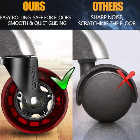 Comparison of red office chair casters with smooth rolling on left and black casters with floor damage on right