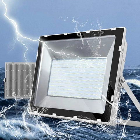 JUDYSSY Solar Flood Lights 200W Led Floodlight displayed with water splashes and lightning, ideal for outdoor use.