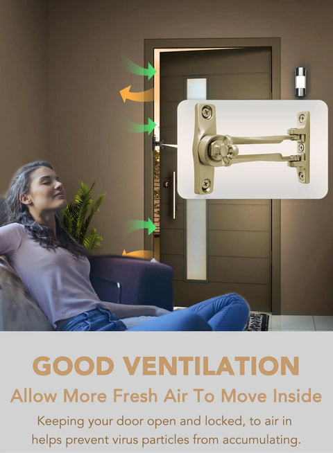 Door Guard Swing Bar Lock For Outward Opening Doors, Heavy Duty Security Latch installed on a front door, zinc alloy matte gold finish.