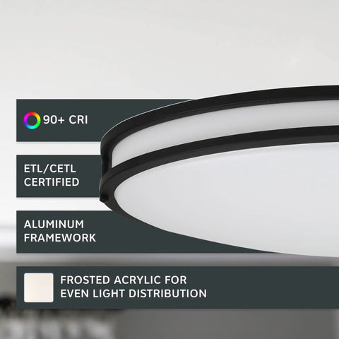 Side view of Matte Black 24 Inch Oval LED Flush Mount Ceiling Light With Dimmable Bright Output Triple Color Temperature 3000K 4000K 5000K 2800 Lumens Ideal For Kitchen Bedroom Bathroom Hallway And Living Areas, showing frosted acrylic diffuser and certification details on gray background