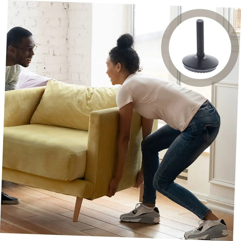 Heavy Duty Adjustable Furniture Levelers With Swivel Base For Tables And Cabinets Foolproof Install shown under lifted sofa.