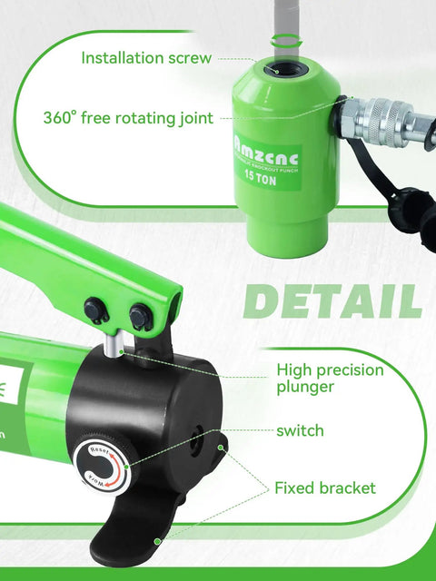 Detail of Heavy Duty 15 Ton Hydraulic Knockout Punch Driver Kit with installation screw and precision plunger visible
