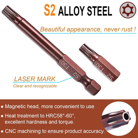24 Piece Security Torx Bit Set With Magnetic S2 Alloy Steel Bits shown with laser mark details and anti rust finish