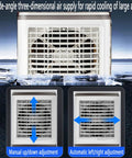 Portable Swamp Cooler With Spacious 30 Liter Water Tank And Two Extra Ice Blocks Delivers No Sweat Cooling Through Evaporative System To Serve Sweet Breeze Along 120 Degree Swing For Patio Hangouts showing wide-angle air supply with adjustment options.