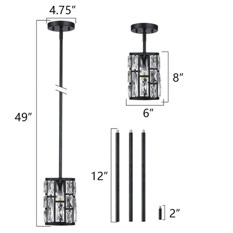 Modern Crystal Pendant Lights 3 Pack Matte Black Finish Hanging Fixtures With Clear Faceted Crystals dimensions and layout