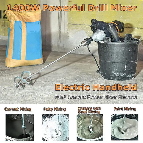 Heavy Duty 12 Amp Concrete And Mortar Mixer With Soft Start for smooth pours in a bucket on a job site, includes paddle.