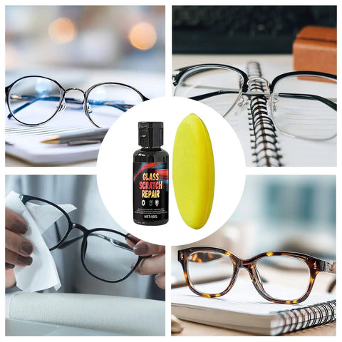 Fast Acting Eyeglass Scratch Remover 50g with glasses and sponge applicator in multiple settings