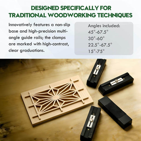 4 Piece Kumiko Joinery Jig Set With Multi Position Angle Guide Rails For Precision Woodworking Clamps And Crafting Projects displayed on a wooden surface