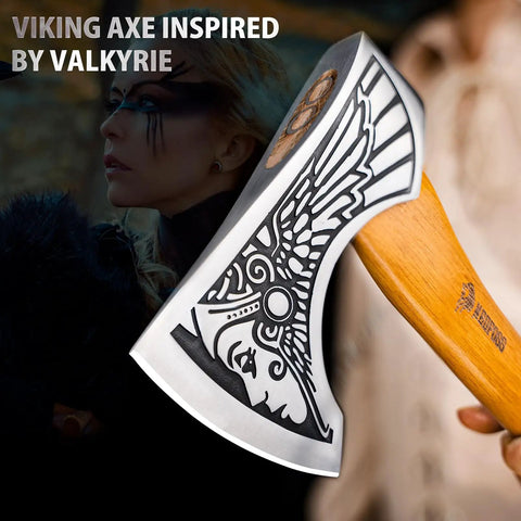Valkyrie Viking Axe Hatchet With Leather Sheath For Camping And Bushcraft High Carbon 1055 Steel Blade showcasing detailed design