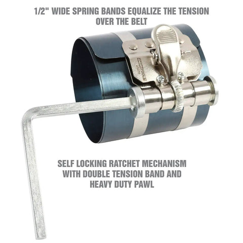 Adjustable Piston Ring Compressor Tool fits 3.5 to 7 inch pistons with spring steel body, visible ratchet mechanism.