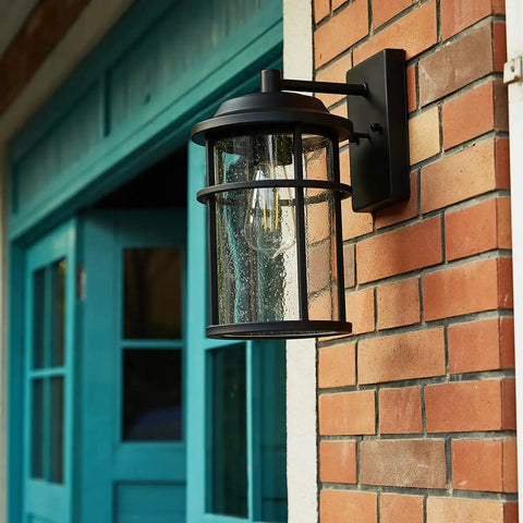 Durable Outdoor Wall Lights For House Exterior Waterproof Sconce With Seeded Glass Shade Anti Rust Black Finish on brick wall