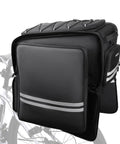 40L Bike Trunk Bag For Rear Rack With Foldable Panniers Ebike Battery Compatible, black with reflective strips on a bike.