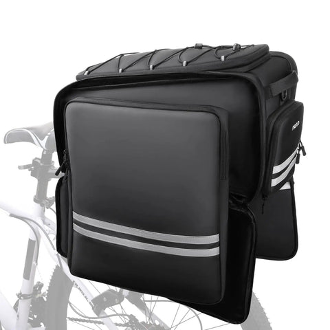 40L Bike Trunk Bag For Rear Rack With Foldable Panniers Ebike Battery Compatible, black with reflective strips on a bike.