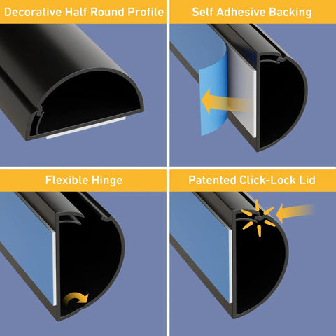 Diagram showing design features of Beige Self-Adhesive Cable Raceway Kit For Wall Wires, including adhesive backing and click-lock lid.