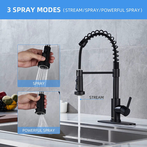 Slick Black Kitchen Faucet With Pull Down Sprayer 22 Inch Extendable Reach Lead Free Modern Commercial Spring Pull Out Sink Faucet For Busy Kitchens Easy To Clean Durable High Arc Design And Smooth Operation