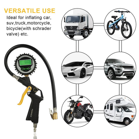 Digital tire inflator with pressure gauge and hose for versatile use in Essential Heavy Duty Compressor Accessory Kit Loaded With A Digital Tire Inflator Sharp Pressure Gauge Blow Gun Hose Fittings Air Nozzles And One Quarter Npt Air Tool Rig For Weekend Garage Projects.