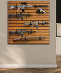 Gun Rack Wall Mount Kit with 12 Vinyl Coated Steel Hooks for Slatwall Pegboard and Gridwall Rifle and Shotgun Hangers displayed on wall