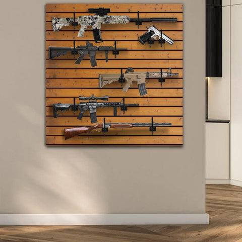 Gun Rack Wall Mount Kit with 12 Vinyl Coated Steel Hooks for Slatwall Pegboard and Gridwall Rifle and Shotgun Hangers displayed on wall