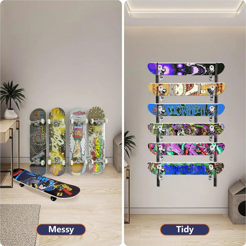 6 Tier Skateboard Wall Mount Rack For Snowboard Longboard And Deck Storage Modular Garage Gear Organizer to keep boards tidy.