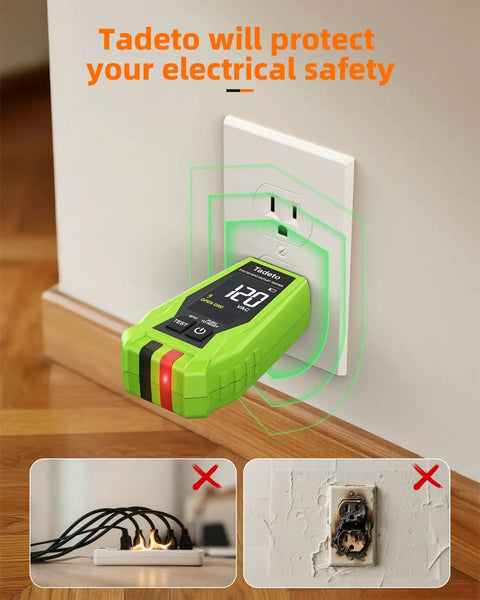 Go-To All In One Circuit Breaker Finder And Outlet Tester With GFCI Detection plugged into wall outlet showing voltage.