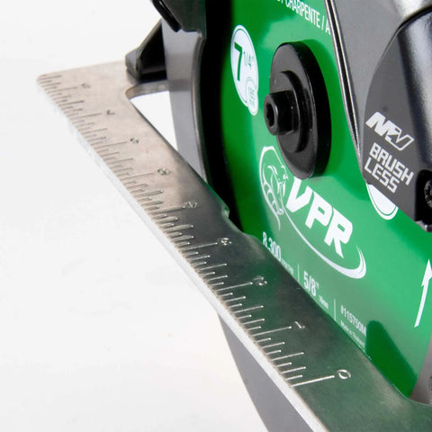 Close-up of 36V MultiVolt 7-1/4 Inch Circular Saw With Torque Boost Technology blade and ruler guide for precise cuts.