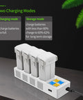Two Way Charging Hub For DJI Mini 3 And Mini 4 Pro Batteries With Display charge four batteries in sequence on a table.