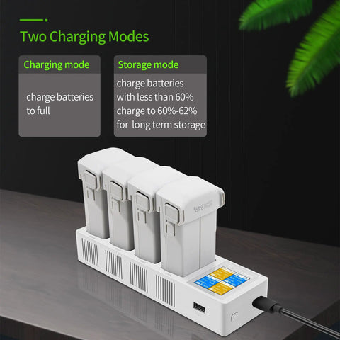 Two Way Charging Hub For DJI Mini 3 And Mini 4 Pro Batteries With Display charge four batteries in sequence on a table.