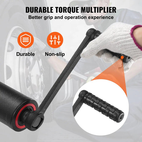 Gloved hand using Beast 1 Inch Drive Torque Multiplier Wrench Set With 1:64 Gear Ratio Delivers Up To 6,800 Nm Torque Includes 8 Sockets 24-38mm And Storage Case Heavy Duty Lug Nut Remover For Cars Trucks And Workshop