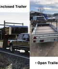 Adjustable Aluminum Trailer Ladder Rack For Open And Enclosed Trailers, 2 Bar Cargo Box Rack With Straps, Extends 5.7Ft To 7.7Ft, Lightweight Yet Heavy Duty, 800Lb Capacity, Durable Powder Coat Finish, shown on open and enclosed trailers