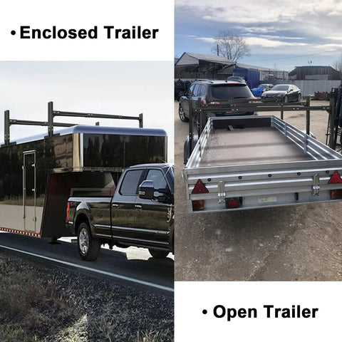 Adjustable Aluminum Trailer Ladder Rack For Open And Enclosed Trailers, 2 Bar Cargo Box Rack With Straps, Extends 5.7Ft To 7.7Ft, Lightweight Yet Heavy Duty, 800Lb Capacity, Durable Powder Coat Finish, shown on open and enclosed trailers