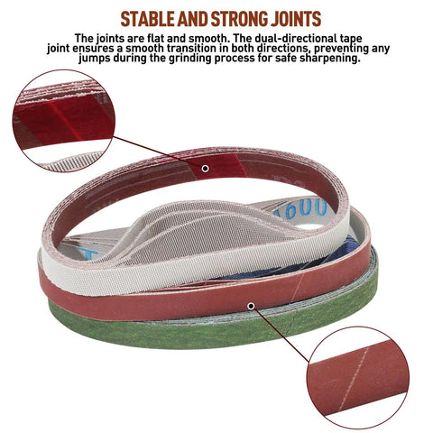 Close-up of 45 Pcs 1/2 Inch By 12 Inch Replacement Sharpening Belt Kit showing assorted grit belts and strong joint detail.