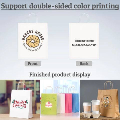 Custom Logo Gift Bags Kraft Paper With Handles Set Of 100 Double Sided Color Printing In Six Color Options Three Sizes