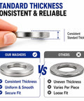 Pro Grade Stainless Steel Flat Washer Set In Durable Case, showing consistent standard thickness compared to other washers.
