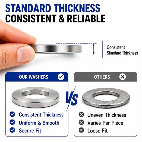 Pro Grade Stainless Steel Flat Washer Set In Durable Case, showing consistent standard thickness compared to other washers.