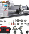 EcoExplorer 750W Benchtop Metal Lathe 350mm Swing with tools, digital display, and accessories for precise machining.