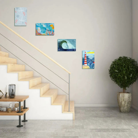 Modern home with 4 Pack Sublimation Glass Photo Blanks 11.8 Inch Long and 7.87 Inch Wide Wall Mount Frames displayed on staircase wall.