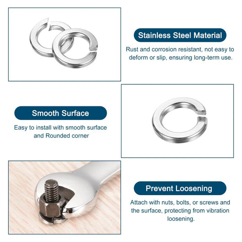 1 Inch Split Lock Washer Set 5 Pieces 304 Stainless Steel with smooth surface and prevention against loosening in machinery and DIY projects.