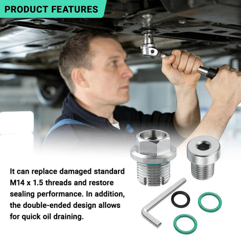 Mechanic using Oversize Piggyback Oil Drain Plug Kit Stainless Steel Self Tapping Oil Pan Thread Repair With O Ring And L Wrench Size M14