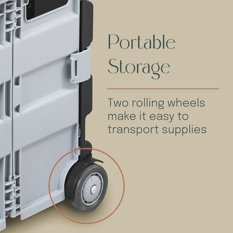 Close-up of Foldable Utility Cart With Canvas Organizer Bag And Removable Saddlebag showing black and grey wheel mechanism.
