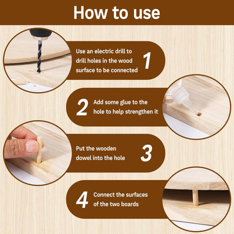 Step-by-step guide to using 250 Piece Fluted Wood Dowels Set In 1/4 Inch, 5/16 Inch, And 3/8 Inch Sizes for woodworking projects.