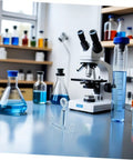 Laboratory 25 Piece Flat Jaw Spring Clamp Set alongside beakers and microscope in a scientific testing lab setup.