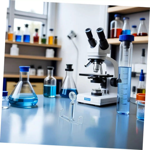 Laboratory 25 Piece Flat Jaw Spring Clamp Set alongside beakers and microscope in a scientific testing lab setup.