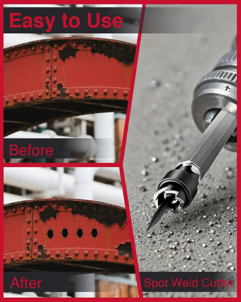 18 Piece Spot Weld Cutter Kit With Double Sided Bits removing spot welds for auto body weld removal; before and after comparison