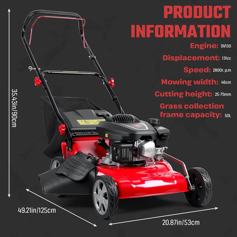 131cc Gas Powered Self Propelled Lawn Mower With Foldable Design Easy Start 3 In 1 Gas Push Mower For Yard And Garden Beast Mode 50L Grass Catcher Rear Wheel Drive Red shown with 46cm deck and foldable handle