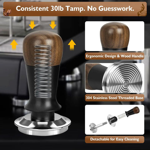 Bad Ass Home Barista Essential Kit Includes 58mm Spring Loaded Tamper, ergonomic wood handle design for easy espresso tamping.