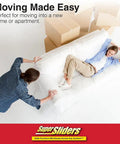 Man using Heavy Furniture Sliders For Carpet And Hardwood Floors Beige Two In One Three And A Half Inch And Five Inch Sizes Make It A Breeze To Move Sofas Tables Desks And More 8 Pack to move a white couch with a woman lying on it.